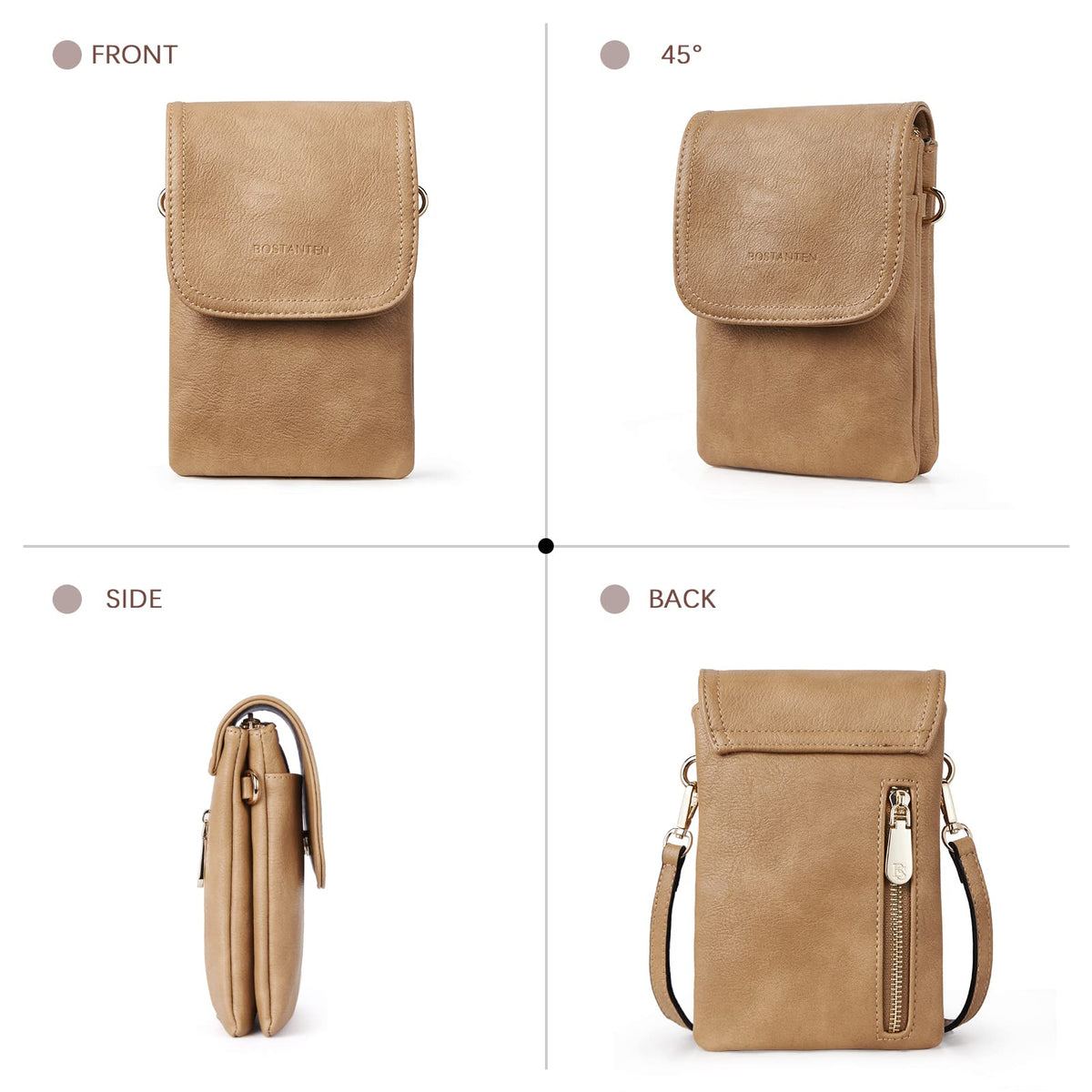 BOSTANTEN Vegan Leather Small Crossbody Bags for Women Designer Cell Phone Bag Wallet Purses Adjustable Strap Camel Brown