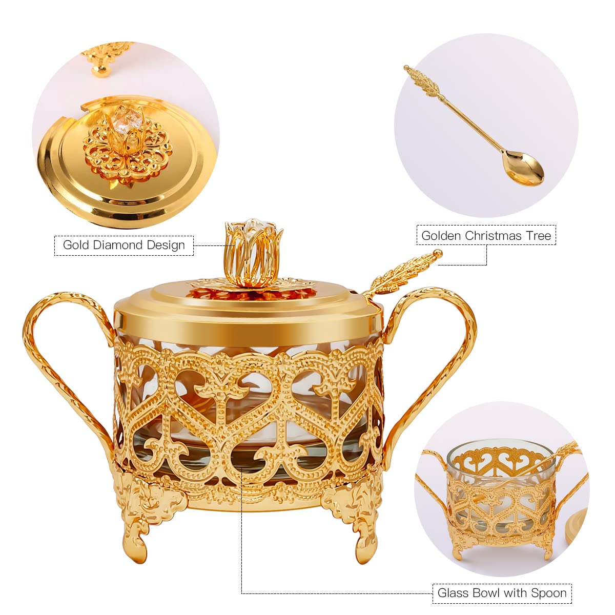 Flylin Sugar Bowl, Turkish Sugar Bowl Sugar with Sugar Spoon and Lid Dual Holder Bowl Condiment Pot Spice Glass Jar Coffee Bar Accessories Sugar Container for Home and Kitchen