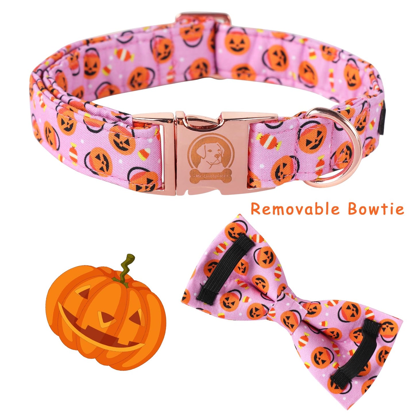 MR. CHUBBYFACE Fall Dog Collar with Bow, Halloween Thanksgiving Pumpkin Dog Collar with Bowtie, Adjustable Puppy Colar for Small Medium Large Girl Boy Male Female Pet
