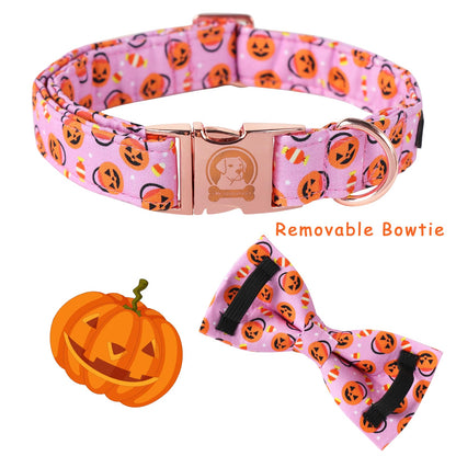 MR. CHUBBYFACE Fall Dog Collar with Bow, Halloween Thanksgiving Pumpkin Dog Collar with Bowtie, Adjustable Puppy Colar for Small Medium Large Girl Boy Male Female Pet
