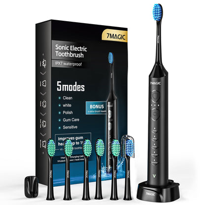 Electric Toothbrush, Sonic Toothbrush, Electric Toothbrush Adult with 3 Intensities 5 Modes, 40000 VPM & IPX7, Ultrasonic Toothbrush Electric with 90-Day Battery Life and Timer, Knight Black
