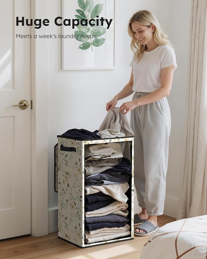 SOLEDI Laundry Hamper with Lid, 90L Tall & Large Floral Laundry Basket