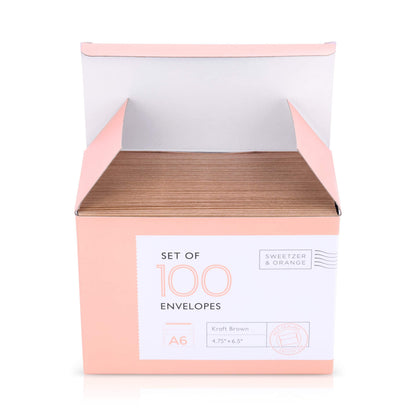 Sweetzer & Orange A6 Envelopes for 4x6 Cards. (100 with Box), Self Seal Brown Paper Mailers, Luxury 150gsm For Greeting Card and Invitation Holders, Postcard Wedding, RSVP Cards Plain Mailing Inserts