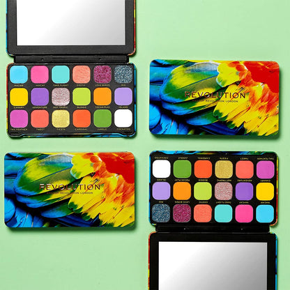Revolution Beauty, Forever Flawless Eyeshadow Palette, 18 Pigmented Shades, Vibrant Pressed Powder Mattes, Shimmers, Glitters, Bird of Paradise, 15 X 0.04 Oz.