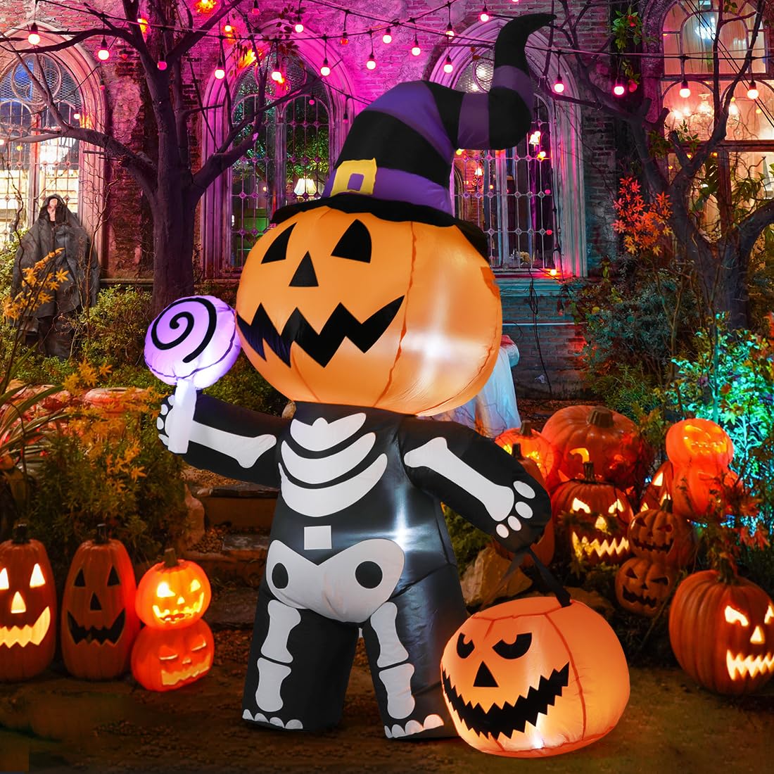 GOOSH 6 FT Halloween Inflatable Pumpkin Skull Body Outdoor Decorations Blow Up Yard Pumpkin with Built-in LEDs for Garden Lawn Party Decor