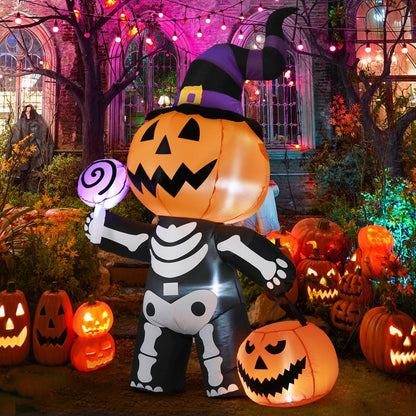 GOOSH 6 FT Halloween Inflatable Pumpkin Skull Body Outdoor Decorations Blow Up Yard Pumpkin with Built-in LEDs for Garden Lawn Party Decor