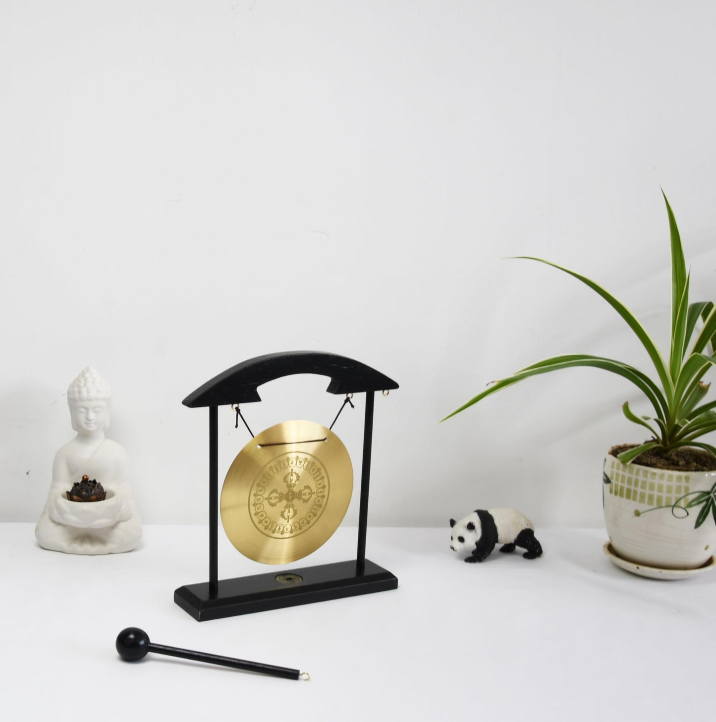 Feng Shui Desktop Gong Set, Brass Gong with Cross Vajra (Dorje) Center & Om Mani Padme Hum Mantra Ring, Solid Wood Frame & Mallet, Tibetan Zen Decor for Meditation & Energy Clearing, 11.1"W x 7.9"H
