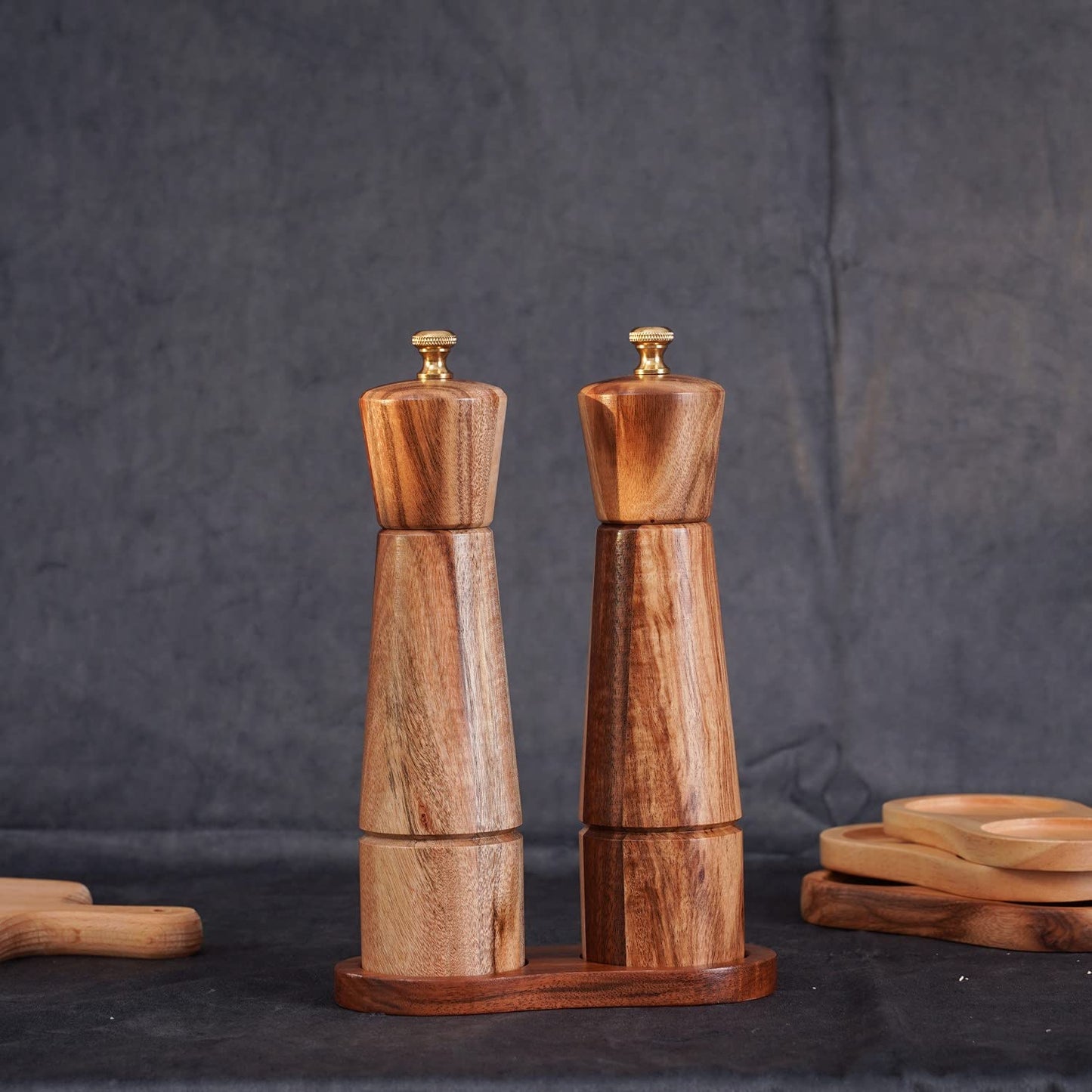 DeroTeno Salt and Pepper Mill Tray, Inner Dia 5.5 cm / 2.17 inch, Acacia Wood, Pepper Grinder Rest, Dining Table Protector (Pepper Mill and Salt Mill are not Included)