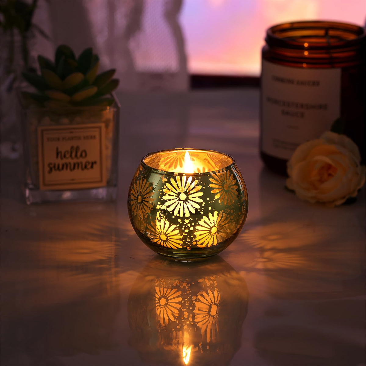sunnyfuture Green Mercury Glass Votive Candle Holders Set of 12, Round Tealight Candle Holders Bulk for Table Centerpieces, Weddings, Shower Gifts, Christmas, Halloween Party Decorations