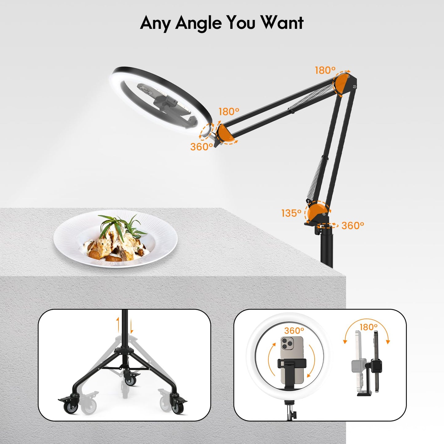 LUXSURE 10" Ring Light with Tripod Stand & Phone Holder Tall 175cm/69'', Movable Overhead Phone Mount with Casters, Overhead Tripod with Light for Cooking/Live Stream/Video Recording/Photography