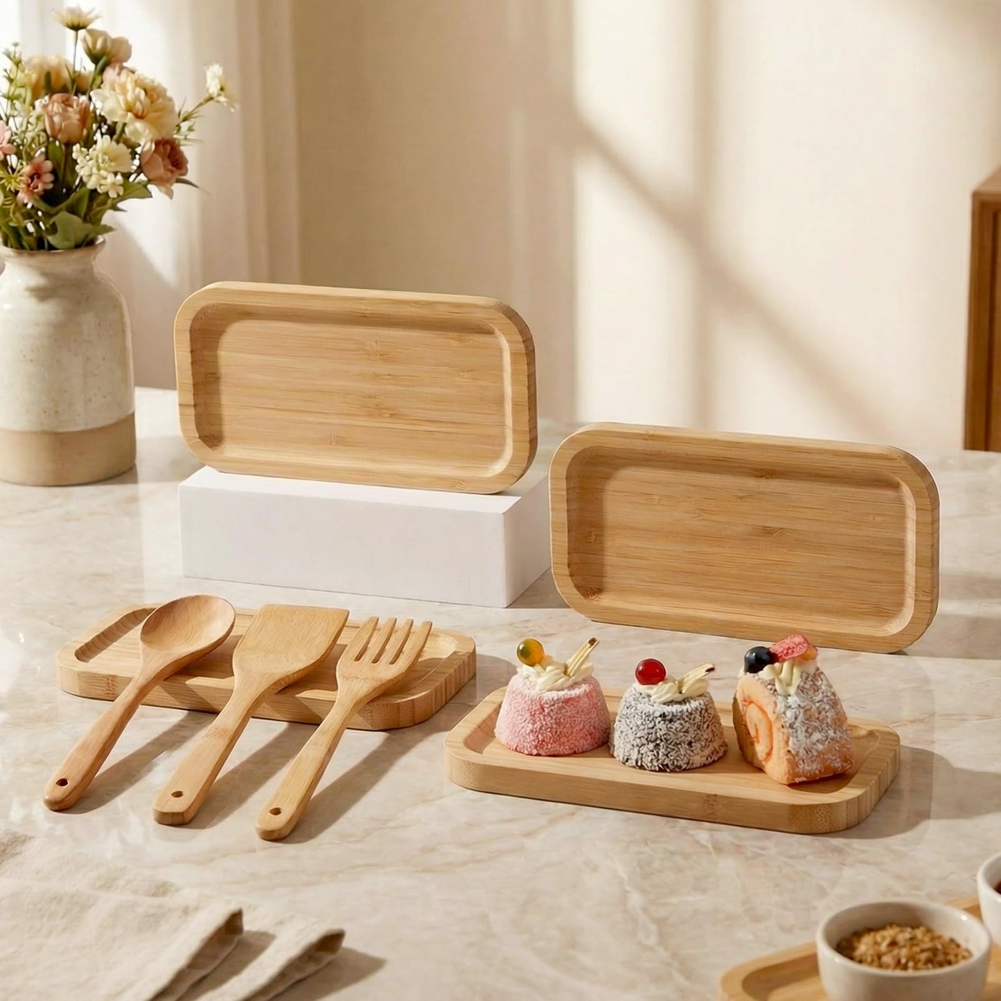 Honeydak 4 Pcs Large Wood Spoon Rest 8.3'' Bamboo Stove Top Spoon Holder Kitchen Counter Cooking Utensils Rest Farmhouse Food Serving Tray for Spatulas, Spoons, Turners