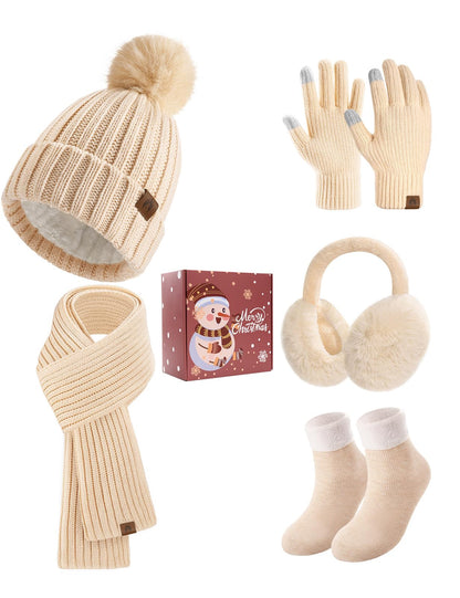UMIPUBO Winter Beanie Hats Long Scarf Touch Screen Gloves Fuzzy Socks Warm Ear Muffs 5pcs Set for Women Winter Ski Outing Set