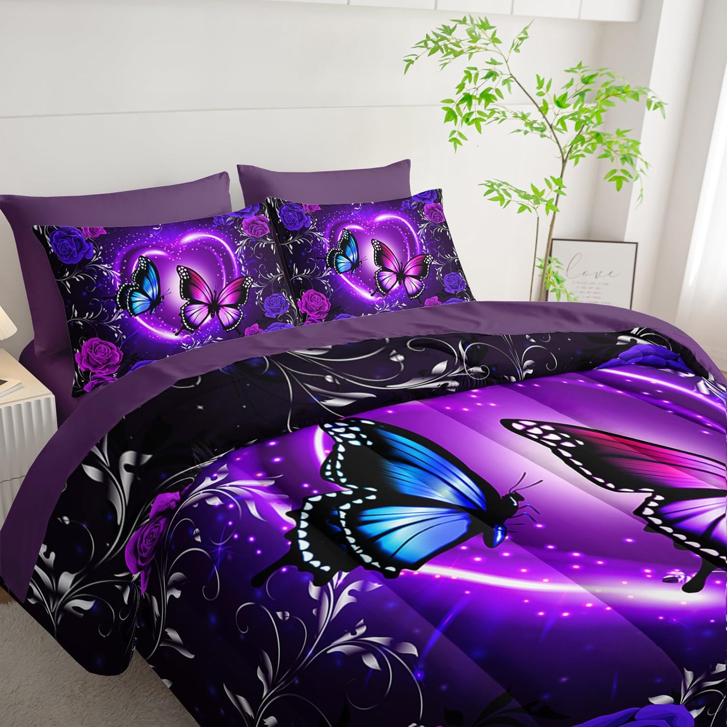 Tuzaovy Purple Butterfly Comforter Set 7 Piece Twin Size Bed in A Bag,Dreamy Butterfly Bedding for Girls Room Decor,Soft Microfiber Comforter with Fitted Sheet,Flat Sheet, Pillowcases & Shams