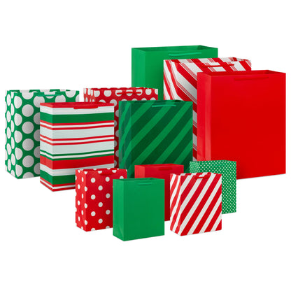 Hallmark Red, Green and White Bulk Gift Bags Assortment (12 Bags: 5 Medium 9", 4 Large 13", 3 Extra Large 15") Stripes, Polka Dots, Solids for Christmas, Birthdays, Holidays