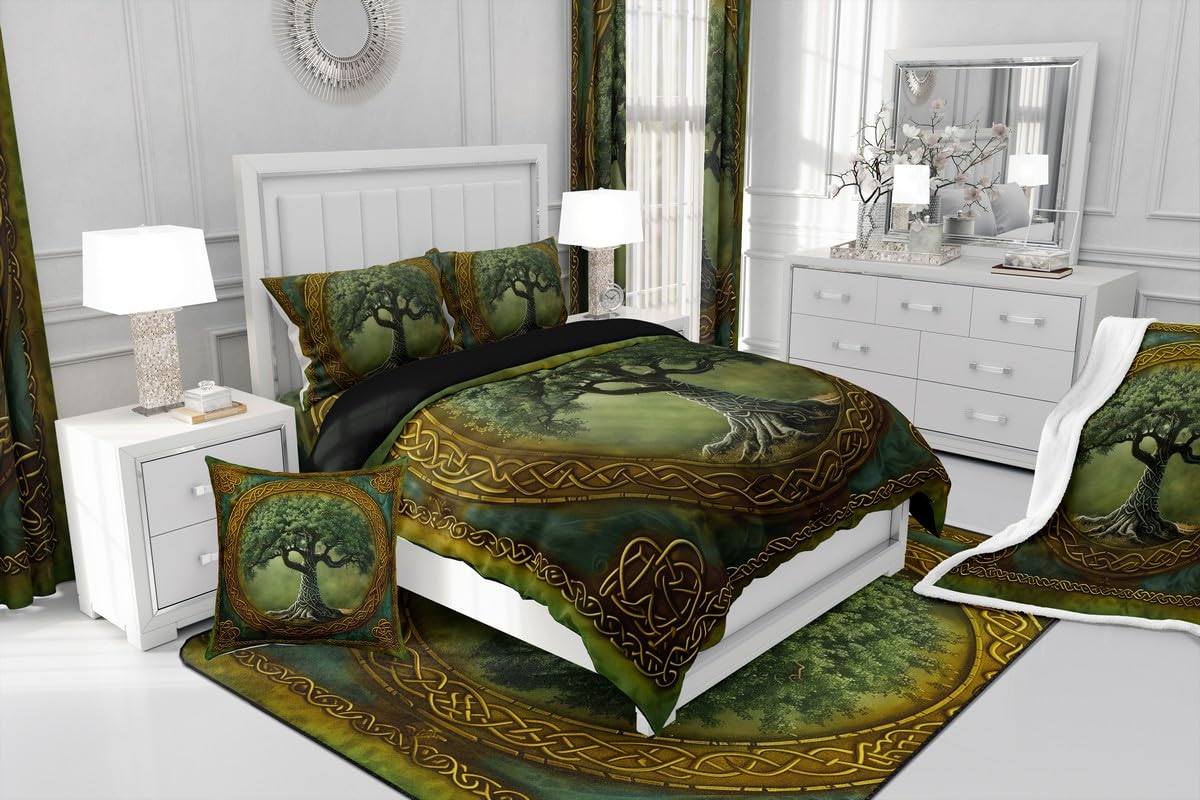Manfei Tree of Life Comforter Set,Mystic Tree Boho Exotic Style Green Bedding Set for Teens Adults Room,Tribal Golden Branches Geometric Circle Grid Quilt Set 3 Pcs with 2 Pillowcases,Queen