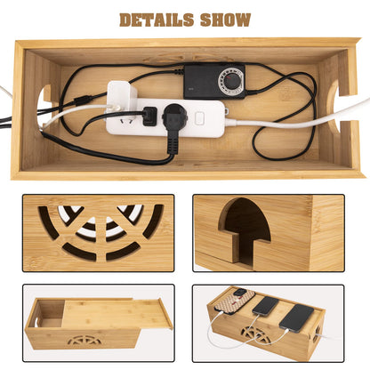 Cable Management Box,Cord Organizer Box,Bamboo Cable Organizer Box for fit Desk Computer USB Behind TV Home Hall Computer Power