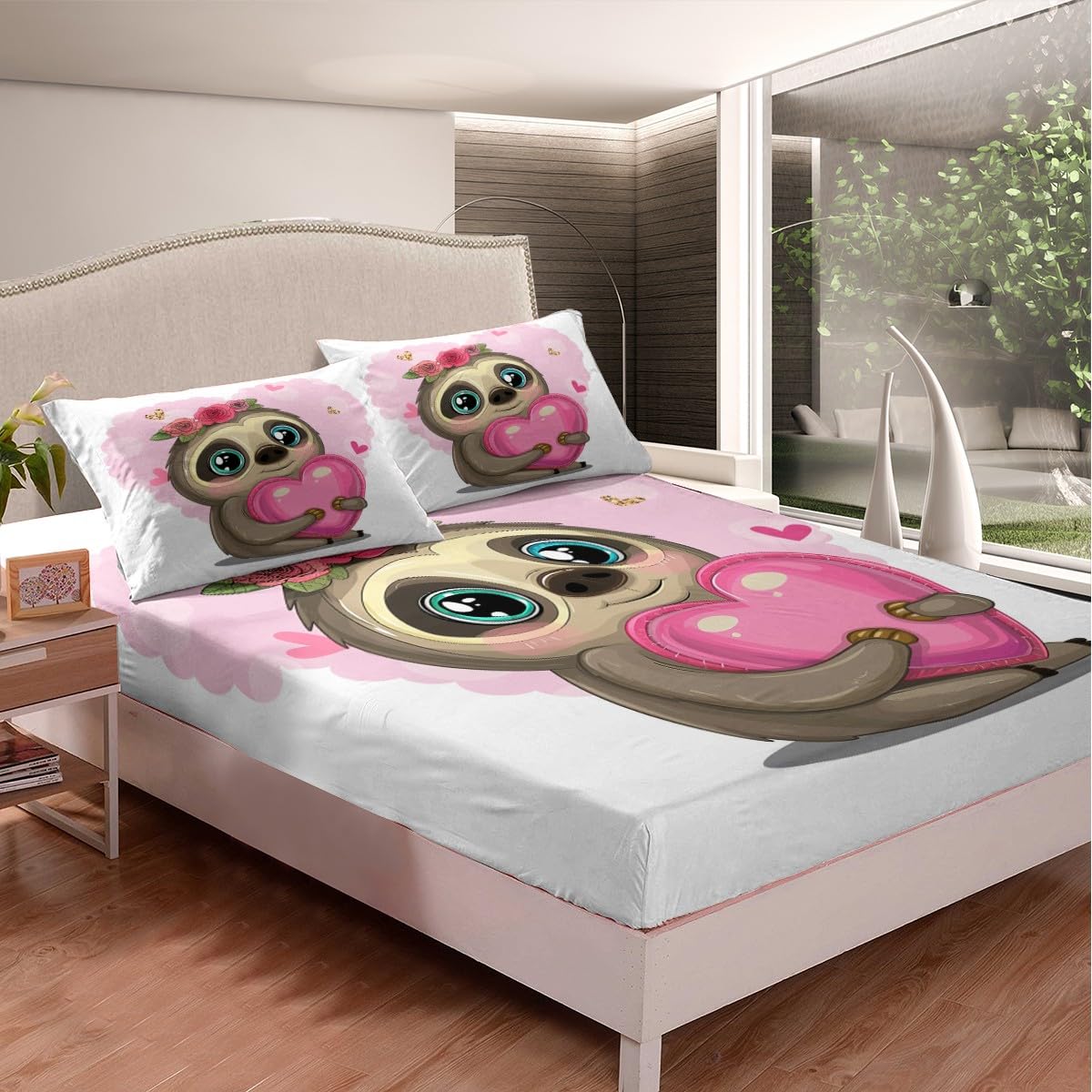 Kids Cute Sloth Fitted Sheet Cartoon Sloth Printed Bedding Set for Boys Girls Children Flowers Pink Heart Bed Sheet Set Lovely 3D Animal Theme Bed Cover Room Decor Twin Size 2Pcs