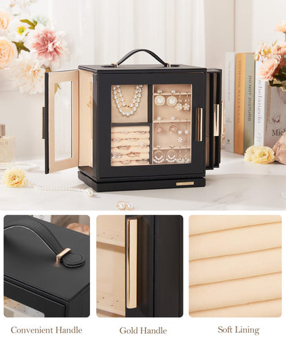 Homde Jewelry Box for Women Large: Rotating Organizer for Ring Earring Necklace Bracelet - 7 Drawers Storage for Dresser (Black)