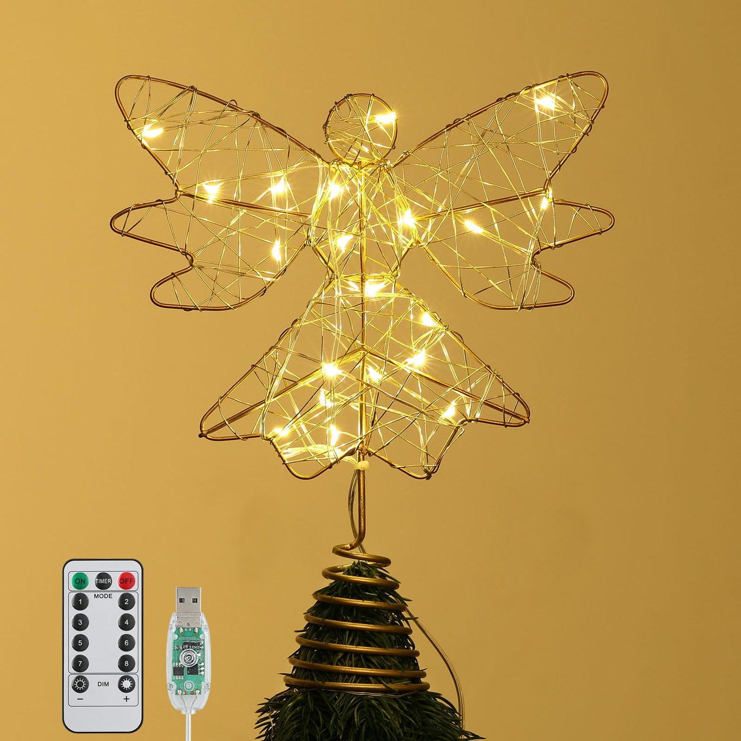 Roylvan Christmas Tree Topper Angel, USB-Powered Christmas Tree Light with Remote & 6H Timer, 3D Hollowed Angel Decoration for Xmas Trees Home Decor Outdoor Party, 9.8 Inch (H), Gold