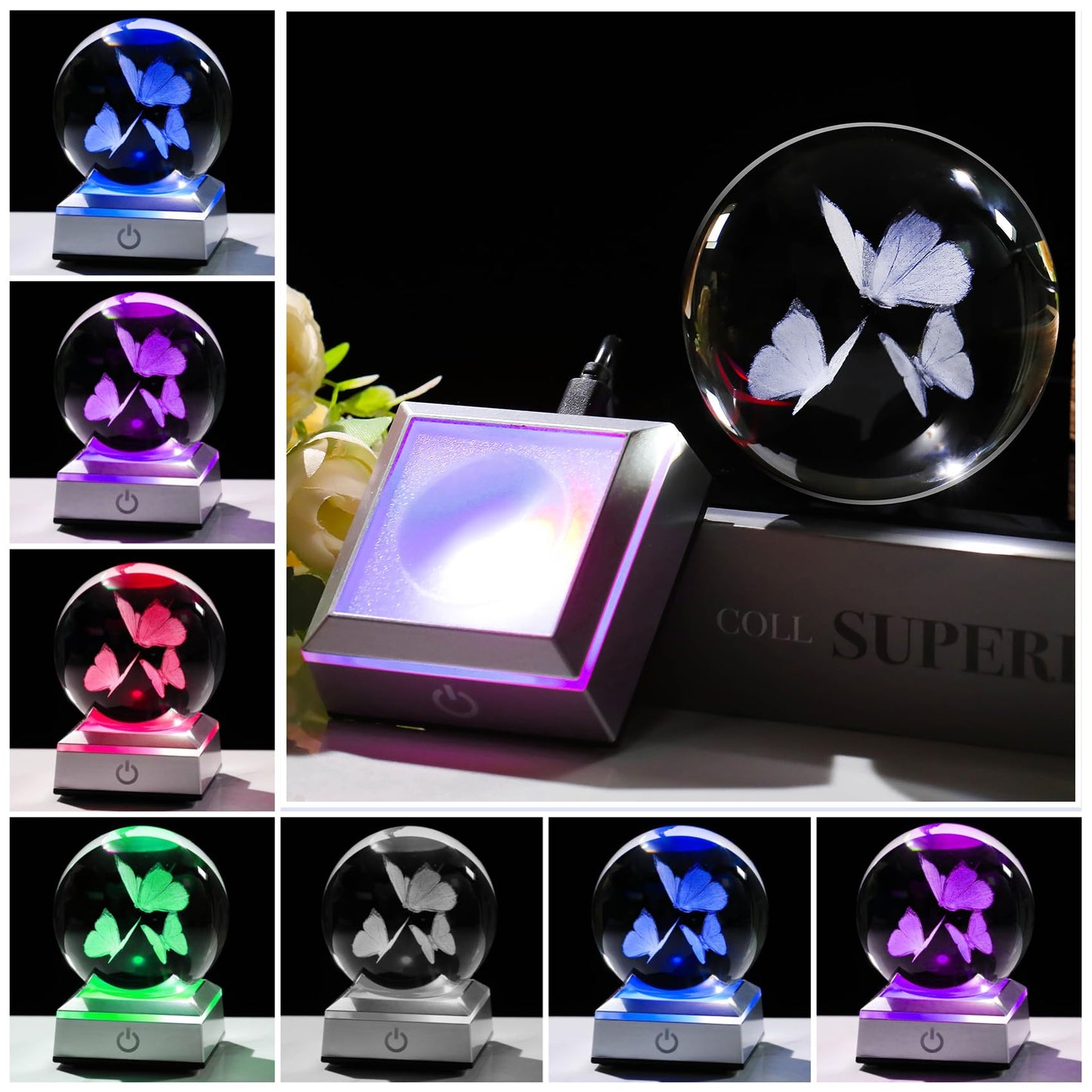 Movdyka 3D Butterfly Crystal Ball Figurine Glass Butterflies Gifts for Women Mom Best Friends Night Light Statue Decor Oranments Butterfly Lovers Gift for Birthday Mothers Day Christmas