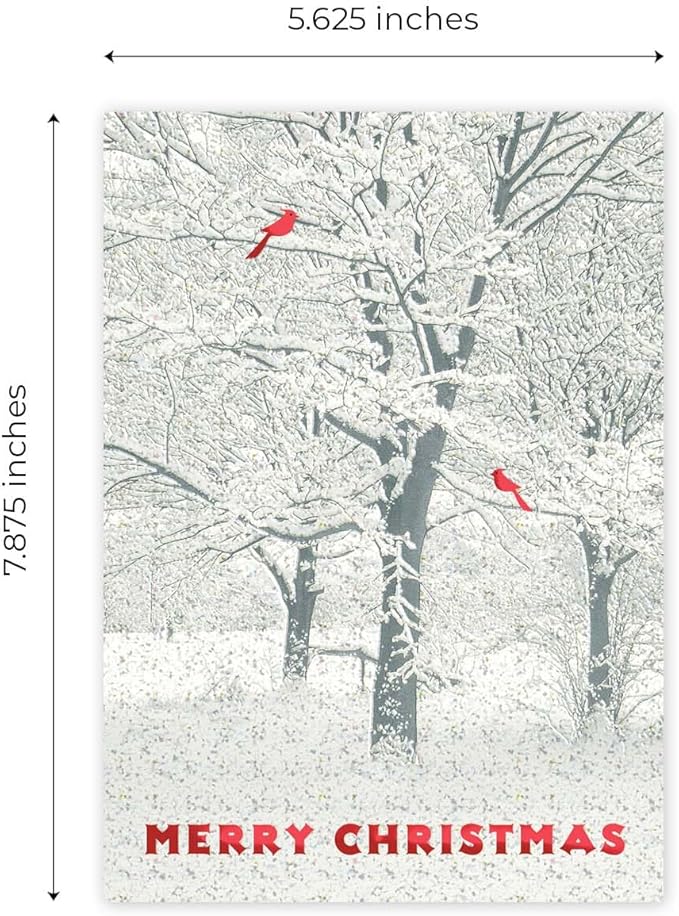 Masterpiece Snowy Trees And Cardinals Christmas Cards / 15 Winter Holiday Cards Set With Glitter And Red Foil With White Envelopes / 5 5/8" x 7 7/8" Sparkling Snow Greeting Cards With Inside Verse