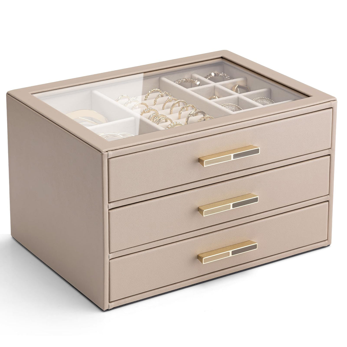 VLANDO 3 Layer Jewelry Box for Women, Mothers Day Gifts for Women, Glass Lid Jewelry Organizer with 3 Drawers for Necklaces Rings Earrings Bracelets - Toffee