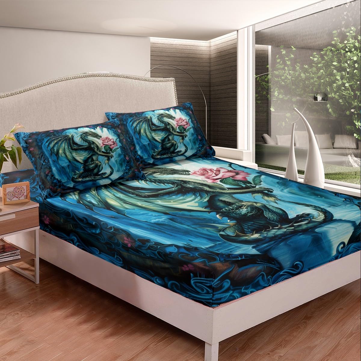 3D Dragon Fitted Sheet Queen Size,Pink Rose Floral Bedding Set 3Pcs for Kids Girls Boys Teens Room Decor,Western Animals Bed Sheets Mysterious Magical Style Blue Deep Pocket Sheet,2 Pillowcases