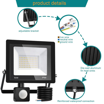 treoir 50W Security Lights Outdoor Motion Sensor,5000LM Outdoor Spotlight with PIR,IP66 Waterproof 3500k LED Spotlight for Garden,Garage,Square,Car Park,Construction Site ect(50W,Warm White)