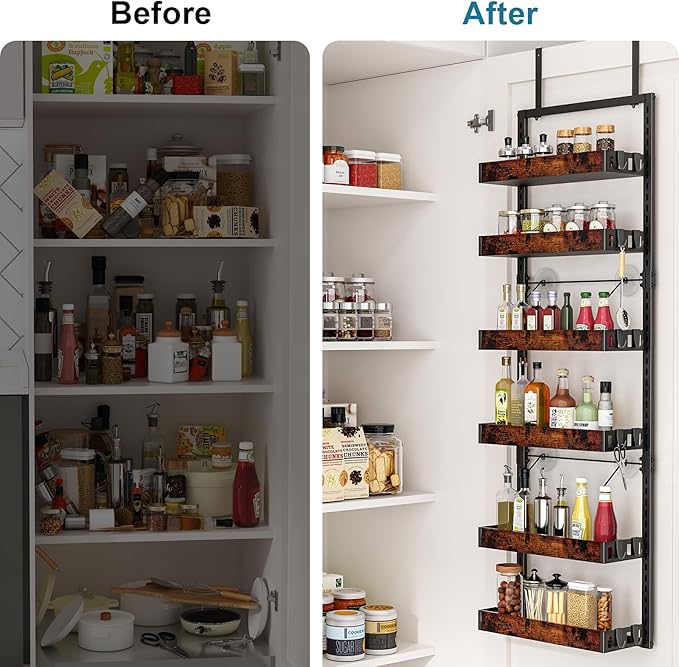 bukfen Over the Door Pantry Organizer, 6-Tier Adjustable Wooden Basket Kitchen