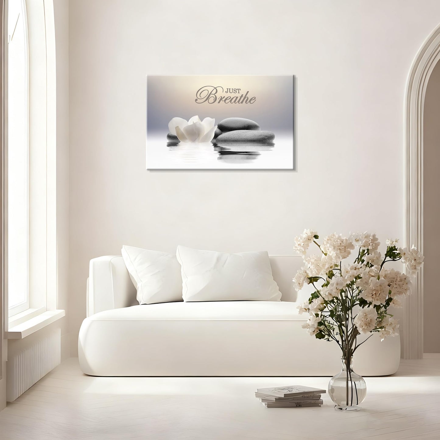 YTAPIFS Zen Stone Wall Art White Lotus Flower Prints Artwork Modern Zen Spa Poster Just Breathe Yoga Quotes Pictures Wall Decor for Yoga Room office Bathroom Meditation room 12 x 16 in
