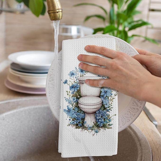 Blue Floral Hand Towels for Bathroom Set of 2, Flower Botanical Dish Tea