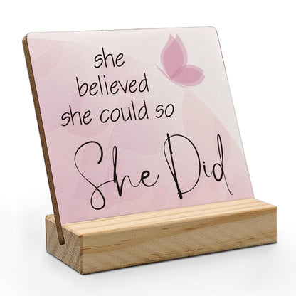 ANIANG Inspirational Desk Decor, Motivational Quote Wood Plaque, Inspirational Positive Gifts for Women,Pink She Believed She Could So She Did Wooden Plaque Sign with Wood Stand for Home Office Decor