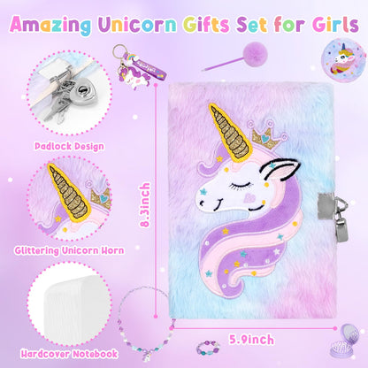 Unicorns Gifts for Girls Age 5 6 7 8 9 10 Years Old, Kids Unicorn Toy with Light Up Plush Star Pillow, Diary, Headband, Eye Mask, Water Bottle, Teen Soft Plush Toys Set for Birthday Gift Christmas