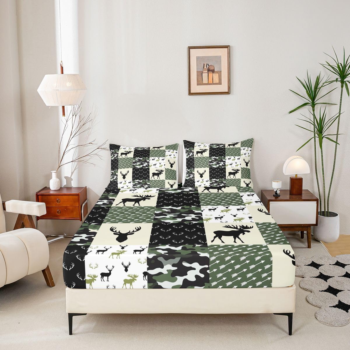 Army Green Camouflage Bedding Set, Camo Deer Silhouette Fitted Sheet for Kids Boys Teens Antlers Boho Arrows Bed Sheet Grid Militarily Fitted Bed Sheets 3 Pieces, Full Size(No Top Sheet)