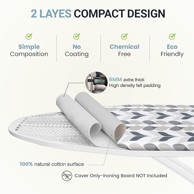 Ironing Board Cover and Pad 15"x54" Extra Thick Natural Cotton, Scorch and