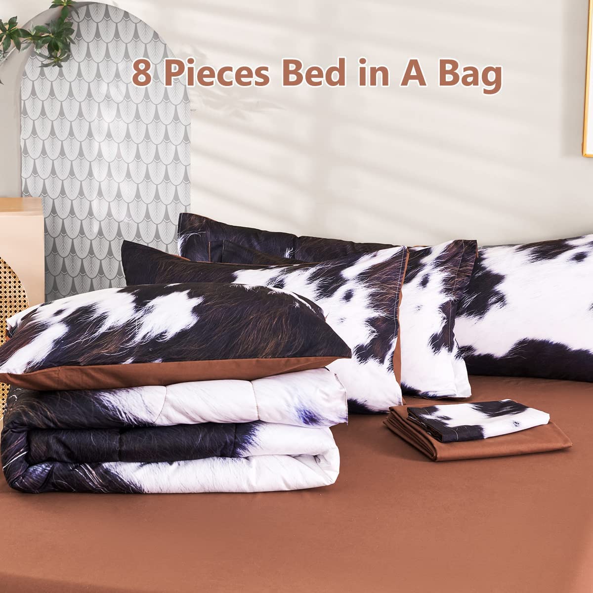 SUCSES Cow Print Bedding Comforter Set Full Size 8 Pieces Western Farmhouse Wrangler Bedding Set Highland Rustic Bed in A Bag Bed Set with Sheets for Boys(Cow Fur Pattern, Full)