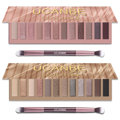 UCANBE 2 PCS Eyeshadow Makeup Palette Kit, 12 Color Nude Eye Shadow Set, Neutral Matte Shimmer Make Up Pallet With Double-Ended Brush, Highly Pigmented Long Lasting Waterproof