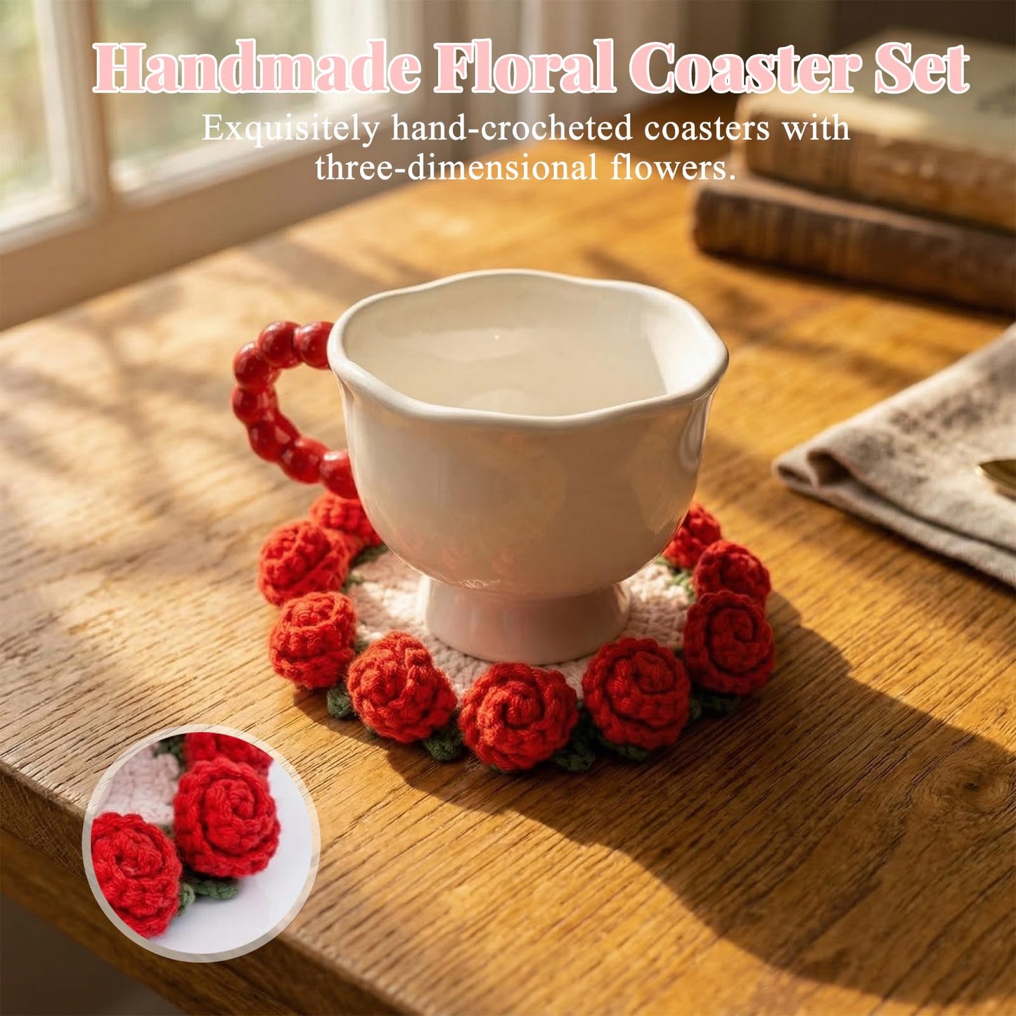 Handmade Crocheted Floral Coasters, Crocheted Bouquet Blankets Paired with Mini Crocheted Flower Pots—Perfect for Floral Decorations in Offices, Homes, and Cars (Sunflower)