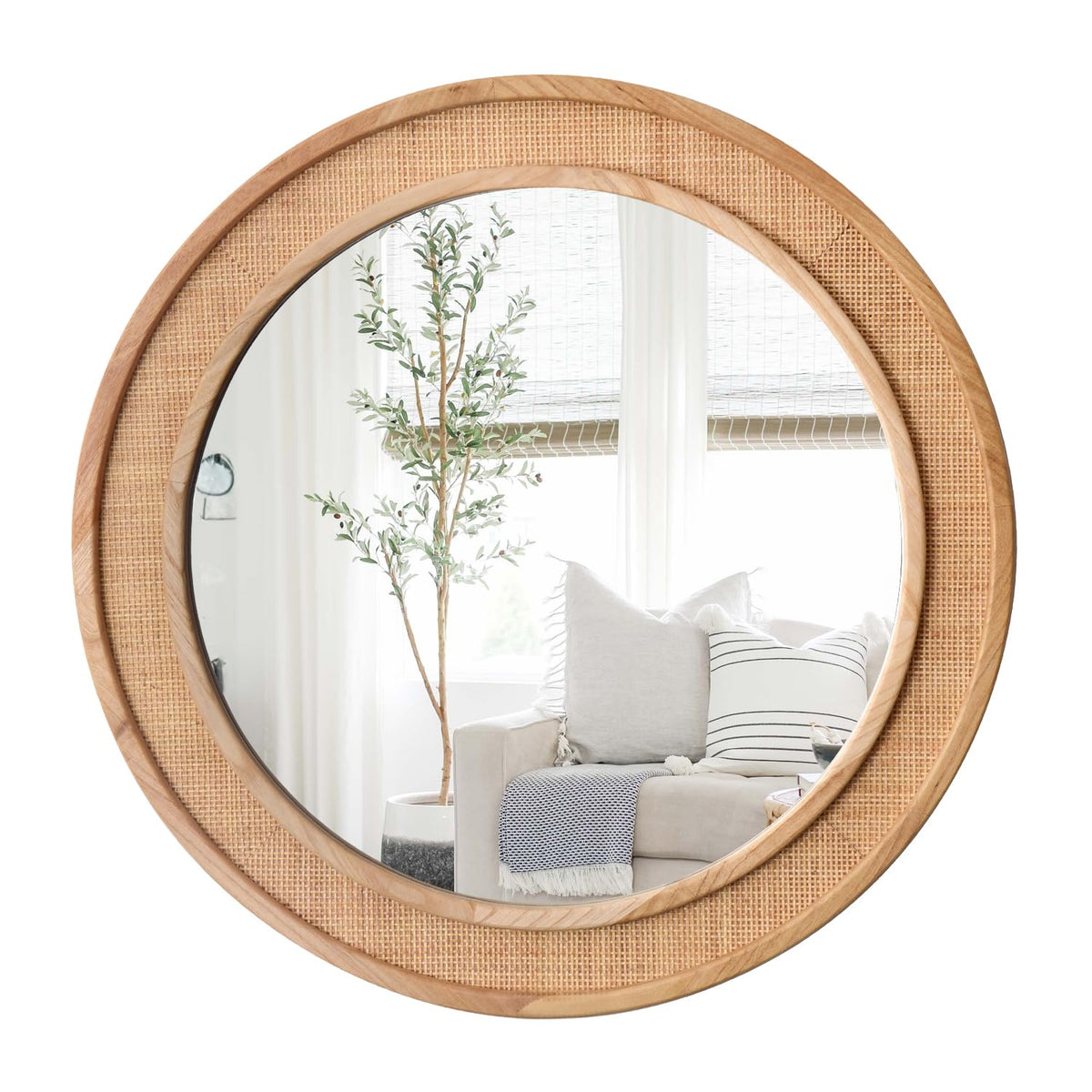Tunjig 24" Round Rattan Mirror, Circle Wall Mirror, Farmhouse Wooden Vanity Mirror with Handmade Wicker Frame, Decorative Boho Mirror for Nursery Bedroom Living Room Entryway Nature