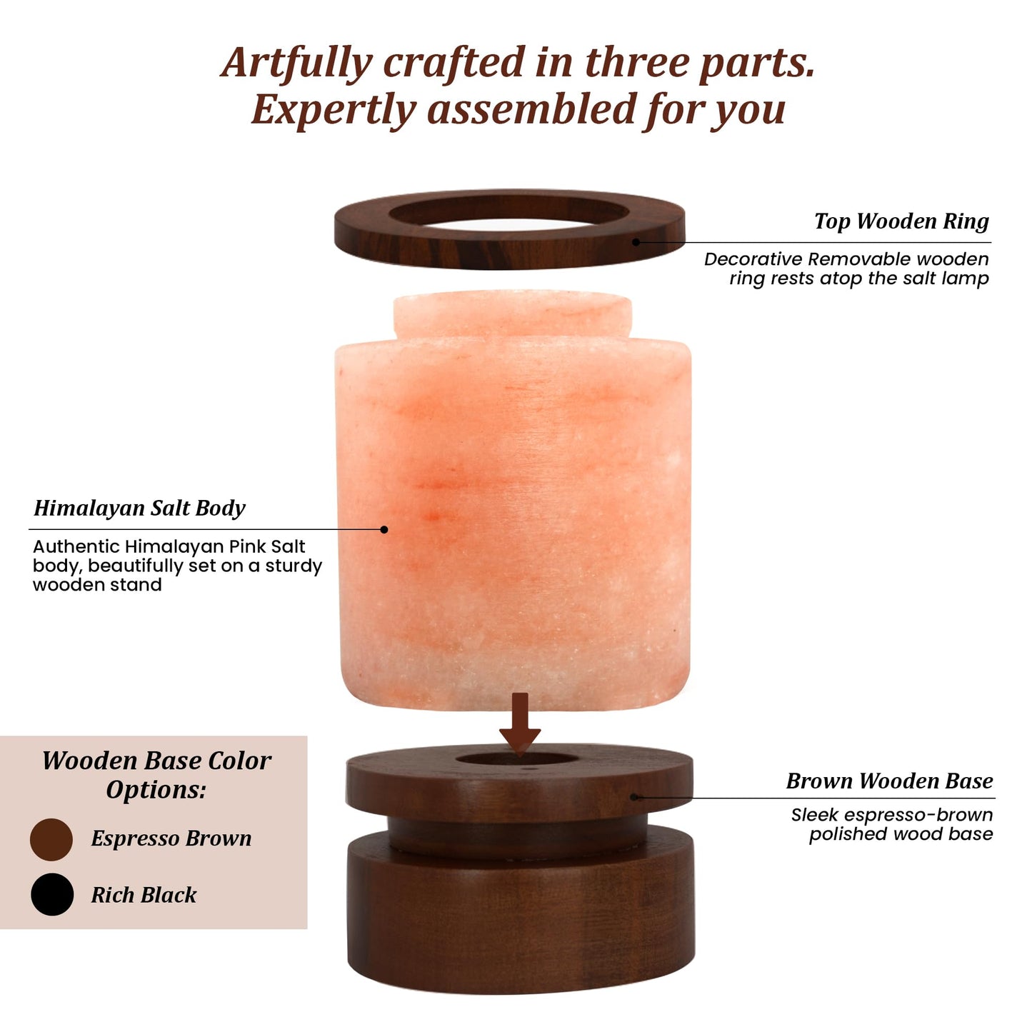 POHS Himalayan Pink Salt Round Lamp with Premium Brown Polished Wooden Base, 60'' Long Dimmer Switch Cord and Two Light Bulbs; Hand Crafted,for Home, Office and Gift for Christmas