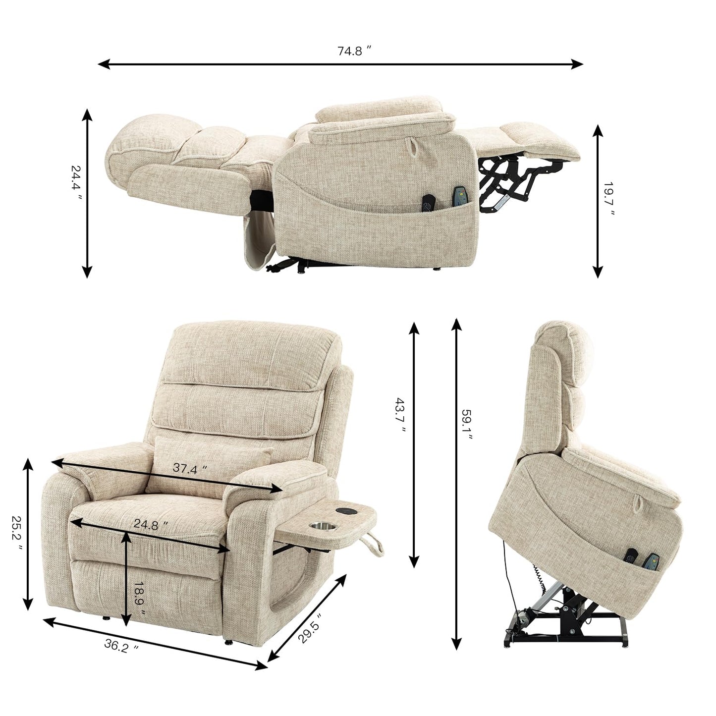 Ball & Cast Lift Recliner Chair with Sides Pockets,Lounge Relax Single Sofa W/Maximum Adjustable Tilt 180 Degrees and Multi-Function Massage & Heat,Armrests W/Cup Holder,for Living Room,White