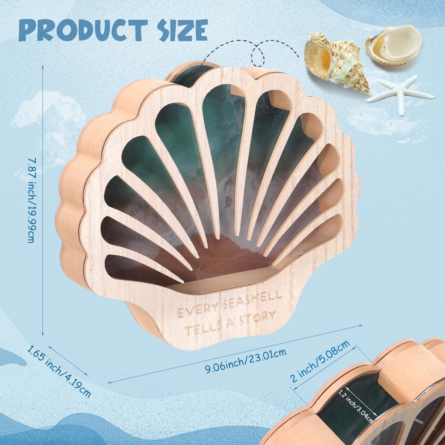 FoldTier Seashell Display Case Wooden Sea Shell Holder with Lights and Window for Sea Glass, Starfish, Shark Tooth Collection Shadow Box Beach Home Decor Birthday Graduation Ocean Themed Gift