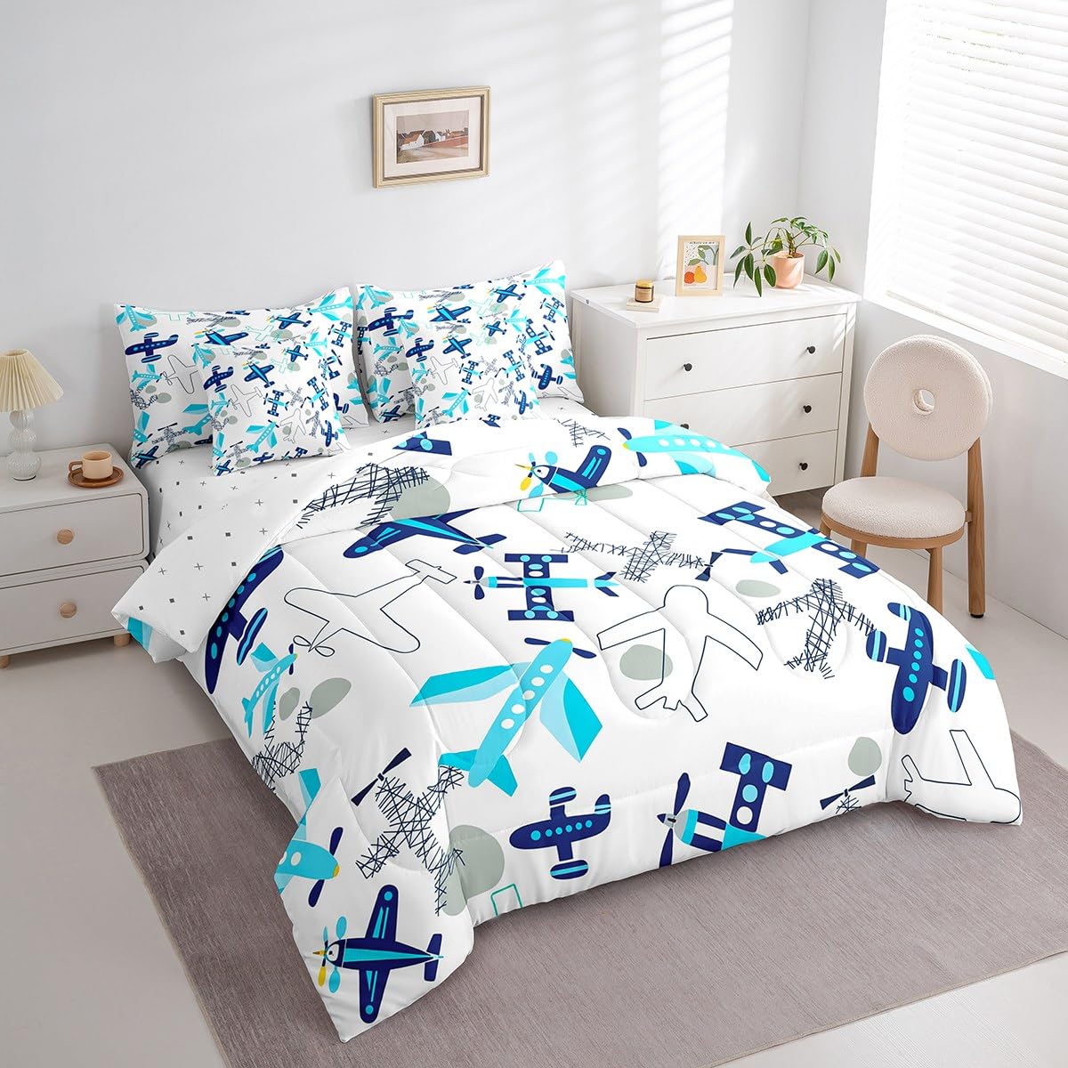 Erosebridal Kids Airplane Twin Bedding Set 7-Piece Aircraft Bed in A Bag with Sheets for Kids Boys Teens Aviation Theme Cartoon Comforter Set Teal Blue Airplanes Bedding Comforter Sets