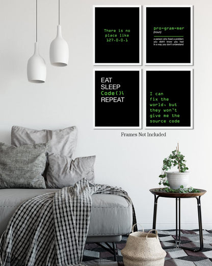 Govivo Office Decor - Computer Science Art - Set of 4 Geek Wall Art - Fun Gift For ICT Teacher, Student, Coding Nerd, Computer Programmer, Dad - 11x14 unframed print