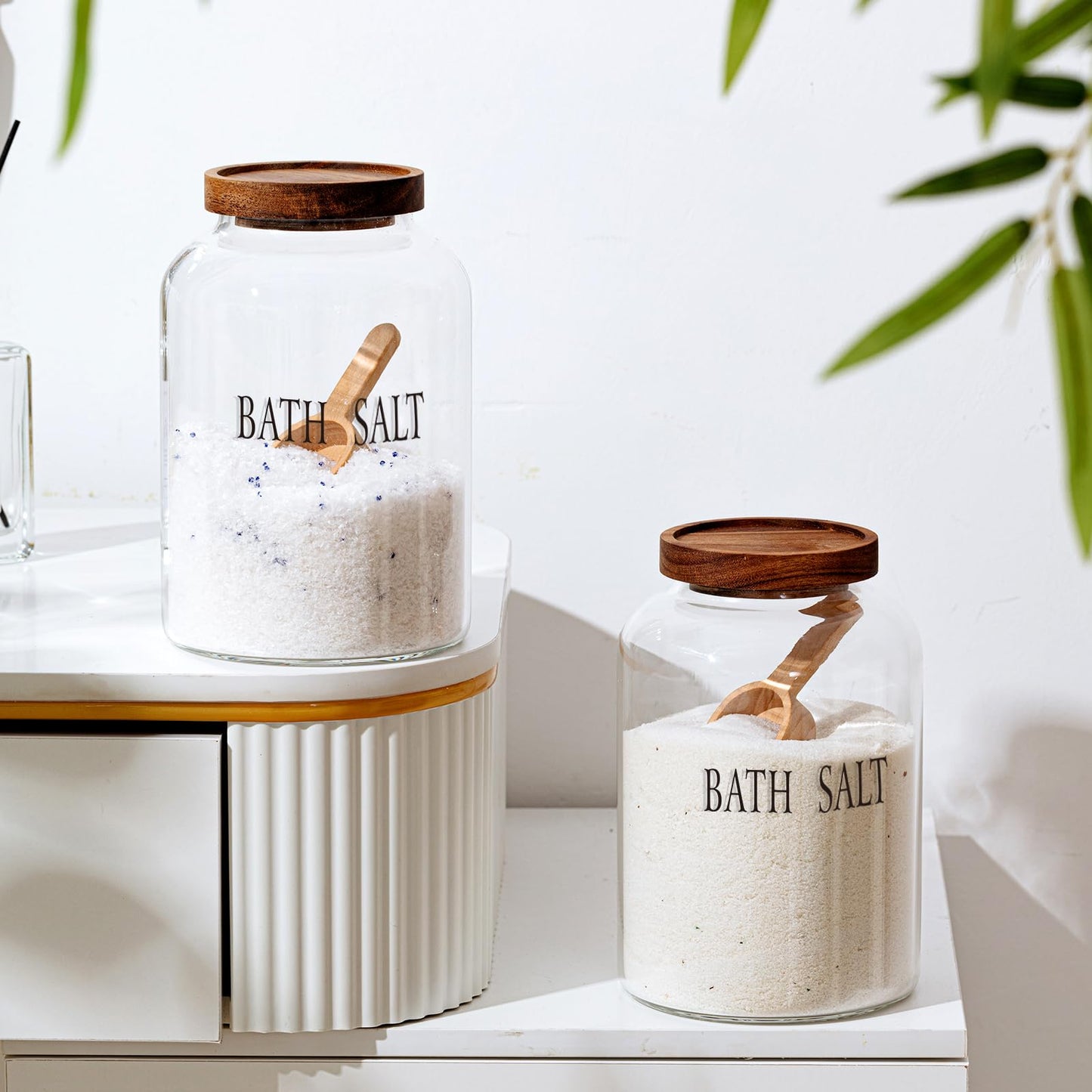 SiliFine 2 Sets 74 oz Glass Bath Salts Jar with Wooden Scoop and Lid, Bath Salt Container for Bathroom Organizers and Storage, Bathtub Accessories for Women Bathroom, Home Decor