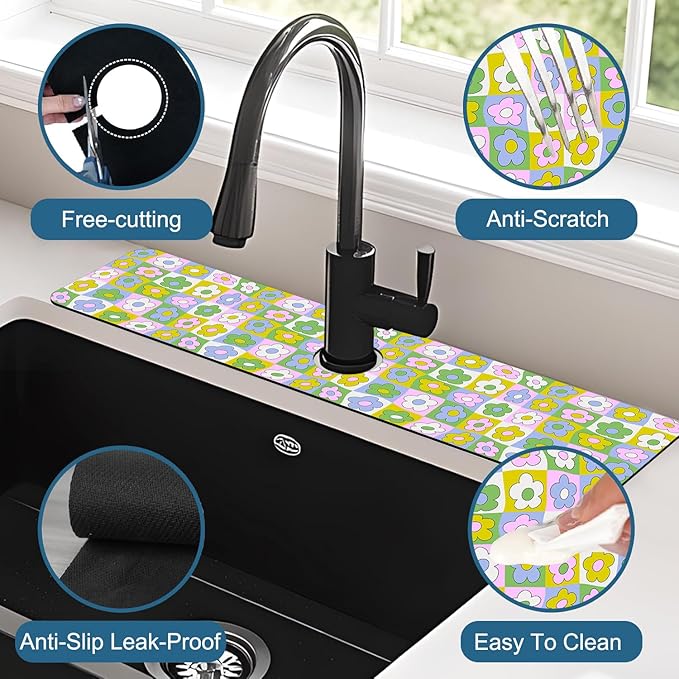 Cute Flowers Sink Splash Guard Retro Floral Faucet Absorbing Mat Fast Drying