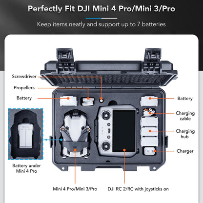 Lykus Titan MM410 Waterproof Hard Case for DJI Mini 4 Pro/Mini 3/ Pro and DJI RC 2/ RC/RC-N2, Support 7 Batteries and RC Lanyard [CASE ONLY]