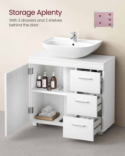 VASAGLE Under Sink Bathroom Cabinet, Storage Cabinet, with 3 Drawers, 2 Compartments Behind the Door, for Washbasins with Pedestal, with Feet, 30 x 70 x 64 cm, Cloud White BBK504W01