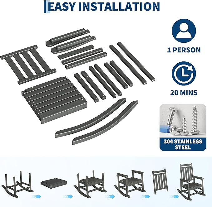 HDPE Rocking Chair Outdoor Set of 2 with Side Table - Poly High Back Porch Rocker Chairs for Adults - All Weather Resistant Furniture for Patio Front Porch - Gray