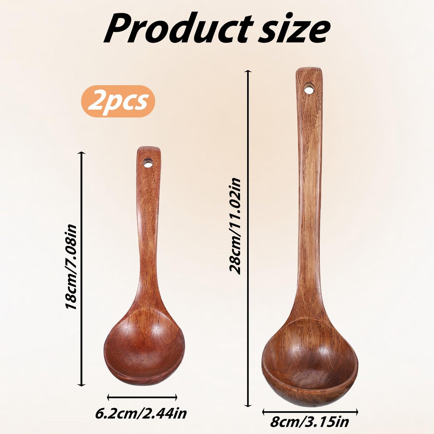 Wooden Ladle for Soup, Set of 2 Wooden Spoons for for Deep Pot, Non-Stick Wooden Spoons for Cooking & Serving, Natural Wood Sauces Porridge Soup Flatware with Long Straight Handle